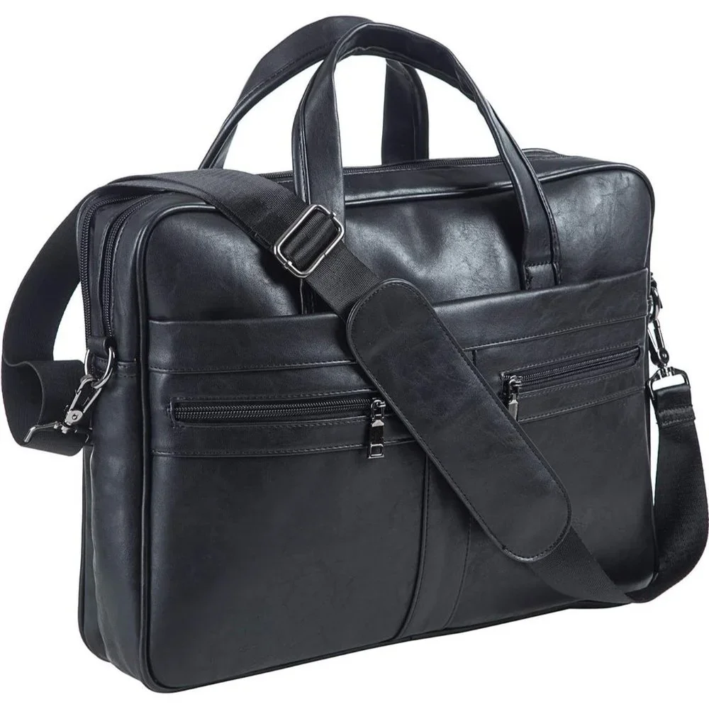 Men's Black Leather Messenger and Laptop bag 15.6 inch